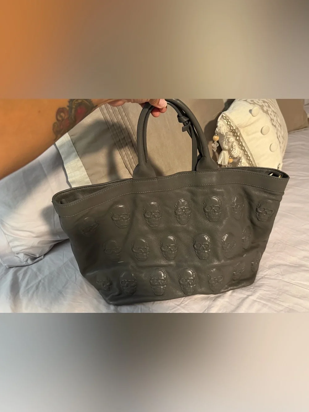 Embossed Skull Leather Tote - Charcoal